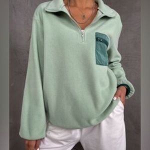 4/15$ Mint green color block pocket fleece pullover quarter zip